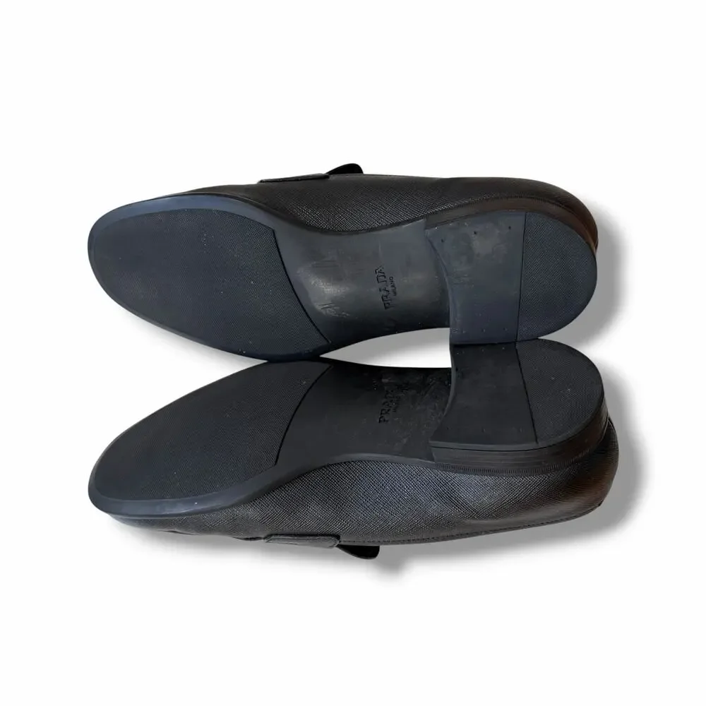 Prada Black Saffiano Leather Loafers Logo Unisex Men Size 6 - Women Size 9.5